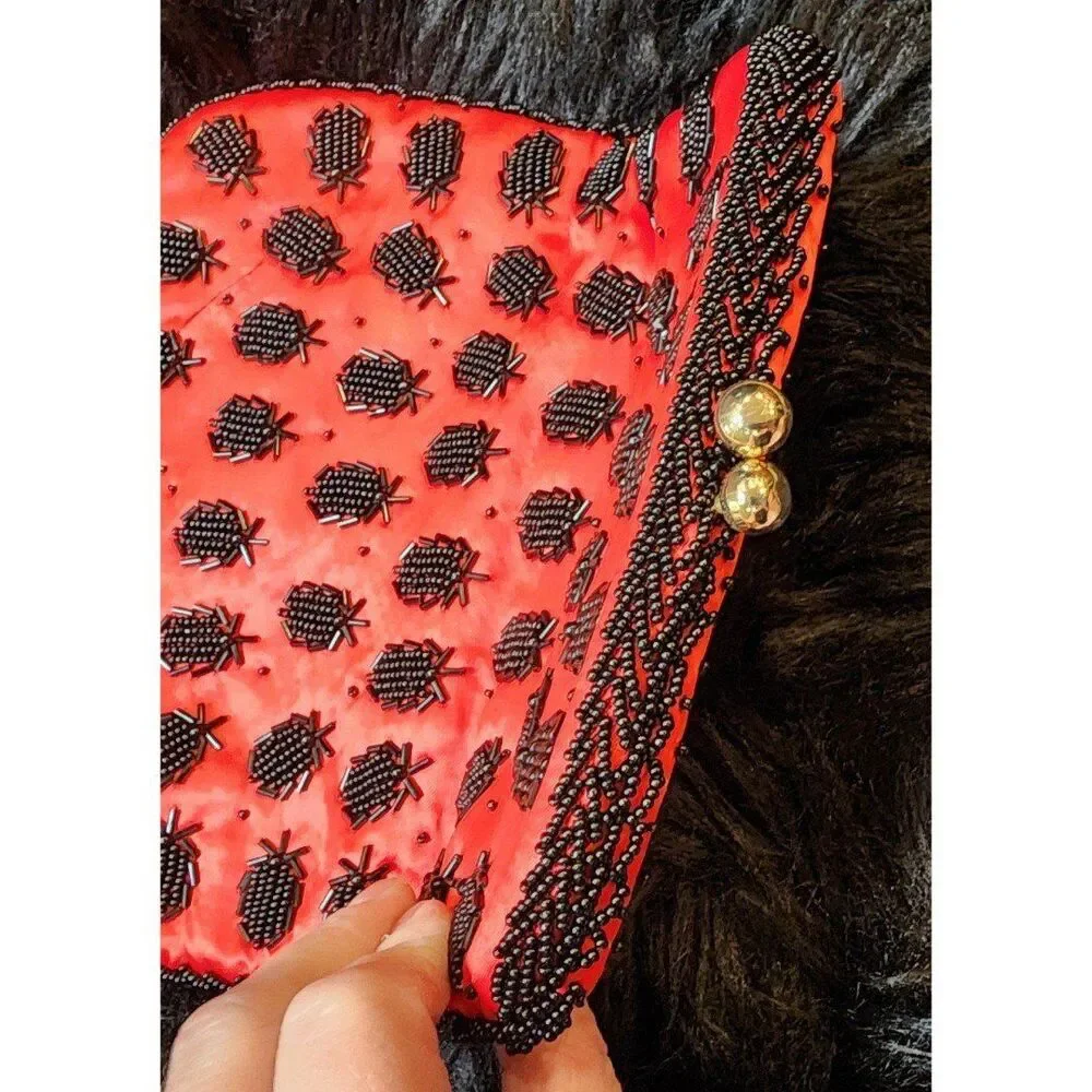 Vintage Fold Over Hand Beaded Pineapple Clutch Purse, Red Satin Black Beads
